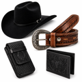 KIT COUNTRY RODEIO CHAPÉU MONTANA + CINTO + CAPA E CARTEIRA EM COURO